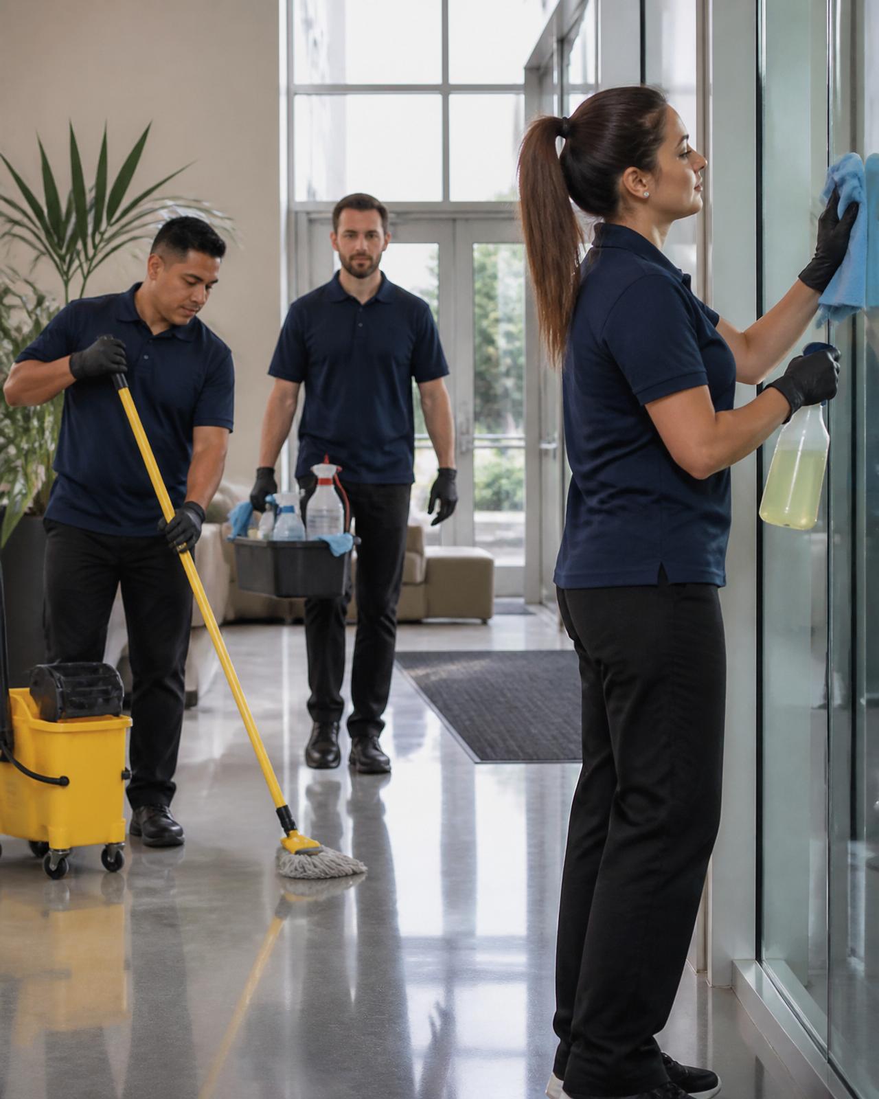 Spotless Supply commercial cleaning crew servicing an office lobby